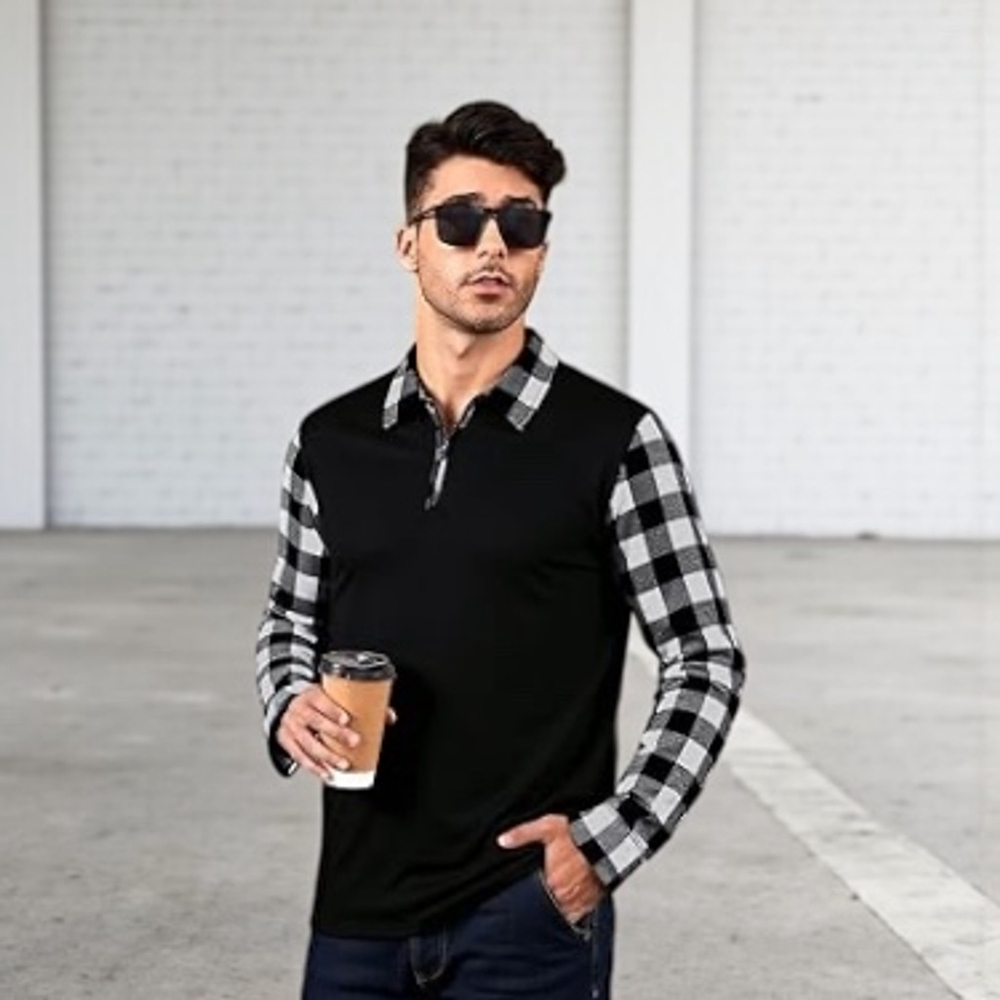 SHEIN Men's Medium Black Buffalo Plaid Long Sleeved Collared 1/4 Zip Fall Shirt